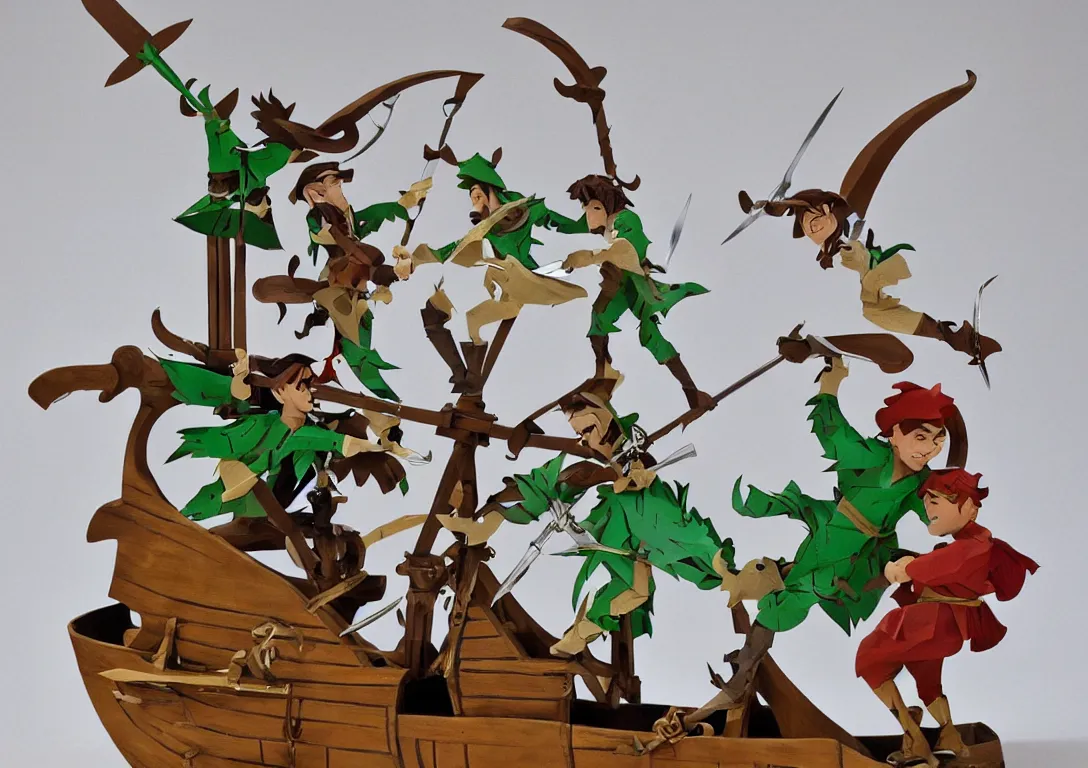 Image similar to a stylized cut paper sculpture of peter pan and captain hook swordfighting on a pirate ship