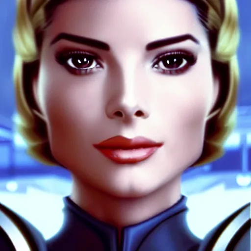 Image similar to A combination of Grace Kelly's and Ada Wong's and Ashley Greene's appearances with blonde hair wearing Interceptor's armor from Anthem, high tech, action shot, angular, full body portrait, futuristic, dramatic, fantasy, intricate, elegant, highly detailed, artstation, matte, sharp focus, 8K, art by Artgerm and Greg Rutkowski and Alphonse Mucha