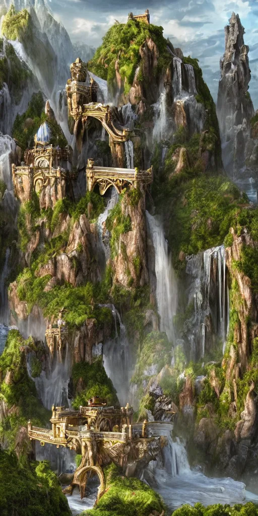 Image similar to a beautiful fantasy landscape of a large majestic castle adorned with gold linings and white marble walls from DND with lots of towers bridges and levels on top of a lush cliff with a huge waterfalls in the middle, ruins of structures at the bottom, afternoon light streaking with god rays, Dungeons and Dragons Castle, ornate, detailed, octane render, 8k, trending on artstation deviantart google images, pinterest, canon 35mm lens