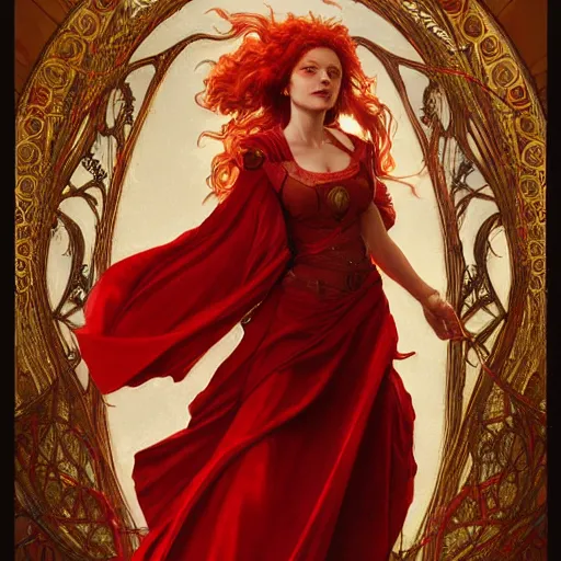 Image similar to portrait of a female sorcerer with curly red hair wearing a red dress and a red cloak throwing a fireball, fantasy, intricate, elegant, highly detailed, digital painting, artstation, concept art, character art, smooth, sharp focus, illustration, art by greg rutkowski and alphonse mucha