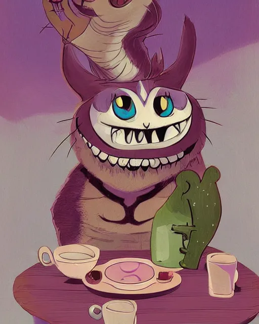 Image similar to cheshire cat drinking tea, by james gilleard, character art, art, very coherent, plain background, lighthearted, soft painting