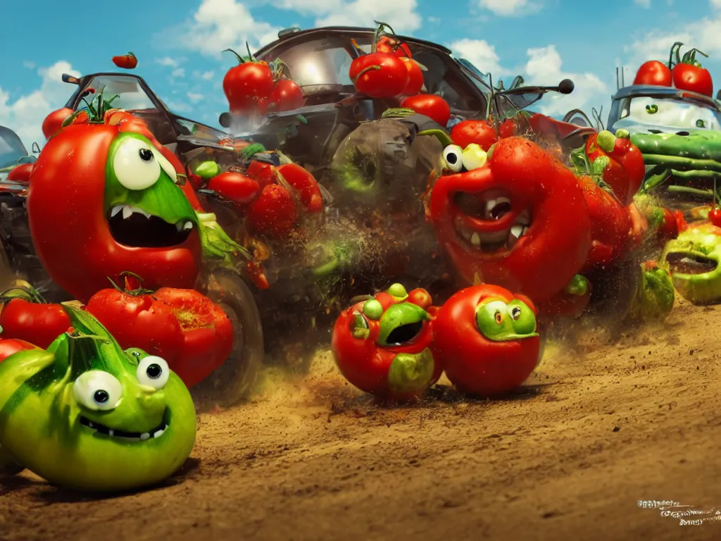 Prompt: highly detailed 3 d render of a raging mad angry zucchini character, guns blazing, dirt road showdown, wimpy tomates scattered everywhere, high speed action, explosions, dramatic scene, hyper realistic octane render, cinematic lighting, tomato splatter, deviantart, black sky, lowbrow, surrealism, pixar still, mayhem