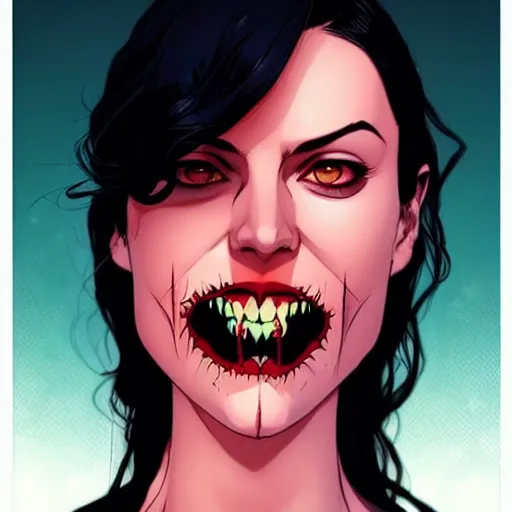 Prompt: Rafeal Albuquerque comic art, Joshua Middleton comic art, pretty female Phoebe Tonkin,l vampire, fully red eyes no pupils, razor sharp teeth open mouth evil smile, horror, symmetrical face, symmetrical eyes, pretty white dress, short black hair, full body:: snow outside::