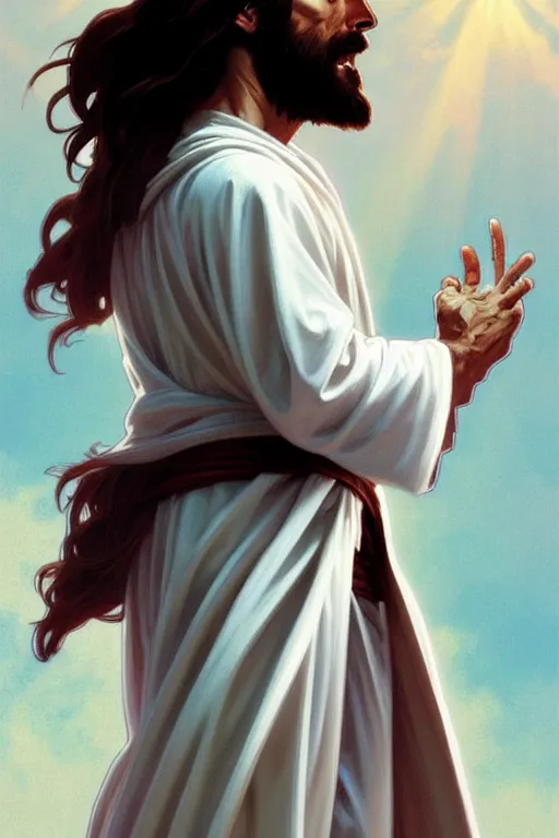 Prompt: jesus christ in a white robe and holding a handgun in an action pose, highly detailed, digital painting, artstation, concept art, smooth, sharp focus, illustration, cinematic lighting, art by artgerm and greg rutkowski and alphonse mucha