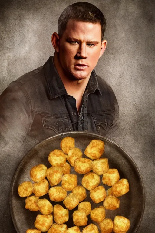 Image similar to a big tater tot on a plate with channing tatum face, intricate, 8 k highly professionally detailed, hdr, cgsociety