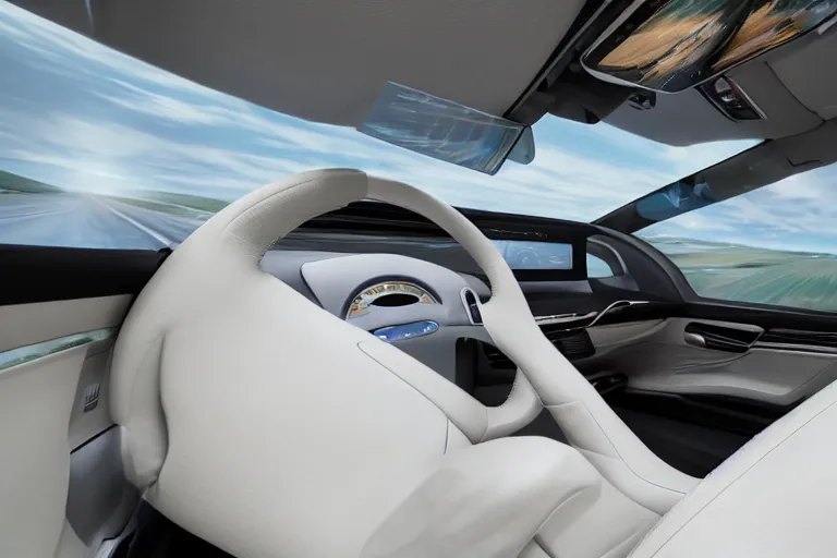 Image similar to a high-detailed picture from the inside of a driving autonomous car without people, 8k, photo-realistic