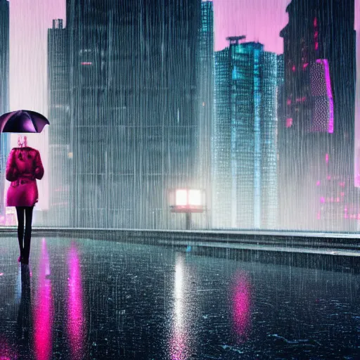 Prompt: city of the future, many skyscrapers, blade runner style, octane render, realistic, digital art, rain, beautiful girl with umbrella wearing a clear raincoat , pink hair, cinematic, 8k, very intricate, 80's, night time,