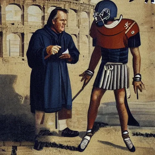 Prompt: Coach Belichick in ancient Rome trying to teach centurions how to play football