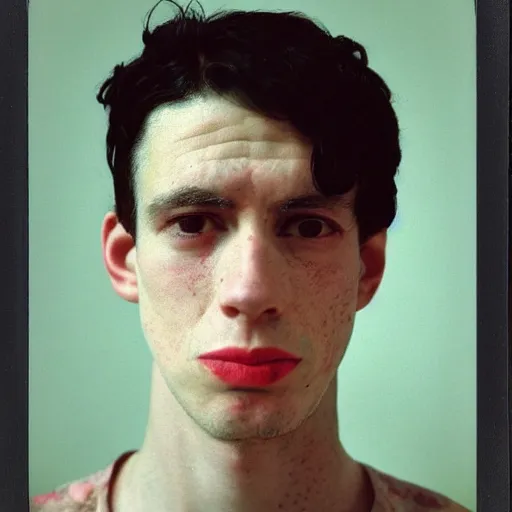 Image similar to a professional polaroid portrait fine art photo in the style of ‘ gilbert and george ’ and egon schiele a young adult man with an asymmetrical face with his eyes closed. the man has black hair, light freckled skin and a look of confusion on his face. extremely high fidelity. key light. in the style of gilbert & george.