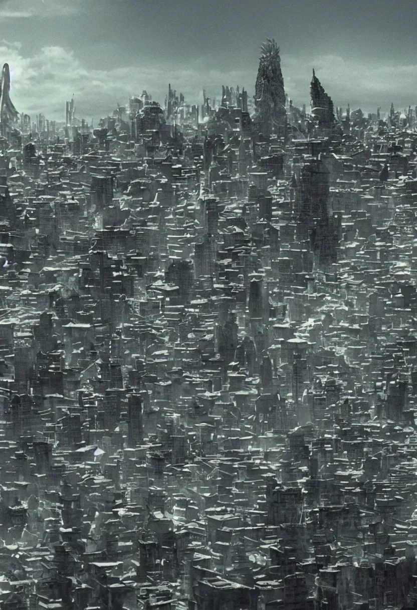 Image similar to a goryeo budhist icon of ONE giant Kaiju Starfish Monster over a city skyline, minimal cinematography by Fritz Lang, hyperrealistic movie filmstill