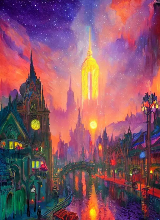 Image similar to ethereal starlit city of magic lost in time at sunset, art station, fauvism, matte painting, felix kelly, johan grenier, hd, digital painting