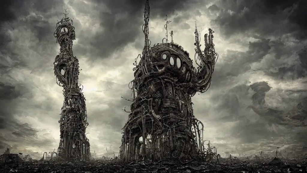 Image similar to A tower with an Eyeball at the top!!!, BioMechanical like Giger, with tentacles coming out, looking over a stormy post-apocalyptic wasteland, dystopian art, wide lens