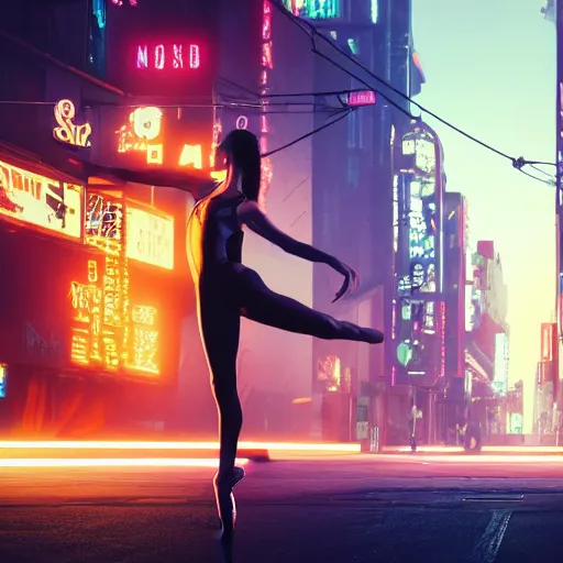 Image similar to professional photo of ballerina on cyberpunk street, synthwave, blade runner 2 0 4 9, hyperrealistic masterpiece, trending on artstation, cgsociety, kodakchrome, golden ratio, cinematic, composition, beautiful lighting, hyper detailed, sharp focus, octane render, 4 k, unreal engine