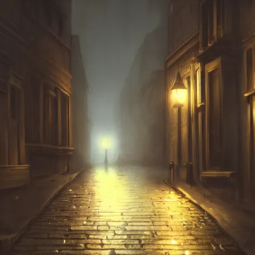 Image similar to victorian city street, dark, misty, at night, 8 k, detailed, concept art, trending on artstation