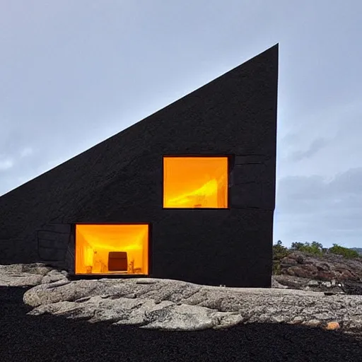 Prompt: tall black geometric house, embedded in lava cliff, full view, black house, molten metal house, minimal design, highly detailed