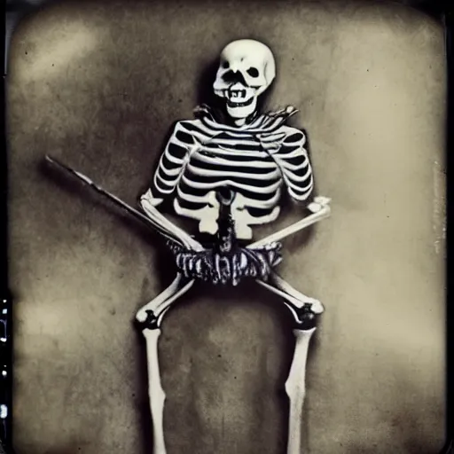 Prompt: skeleton drummer, wild, flash polaroid photo,