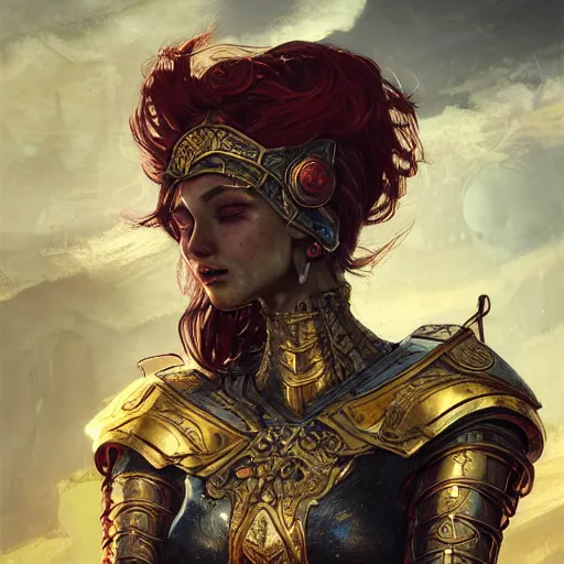 Image similar to portrait knights of Zodiac girl, metallic black and reddish color reflected armor, in ruined Agora of Athens, ssci-fi, fantasy, intricate, very very beautiful, elegant, golden light, highly detailed, digital painting, artstation, concept art, smooth, sharp focus, illustration, art by WLOP and tian zi and alphonse mucha