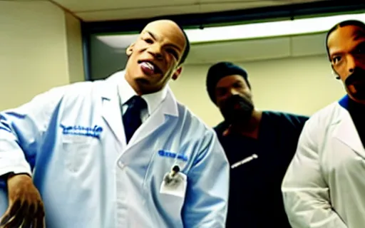 Image similar to Dr. Dre in surgeon scrubs in an emergency room, treating Snoop Dogg and his dog.