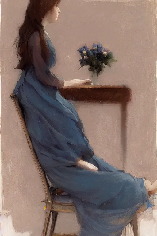 Image similar to girl with long hair, silk dress, high heels, sitting on designer chair, by jeremy lipking