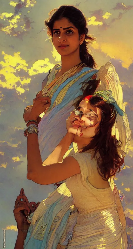 Prompt: close up of an anxious pretty young Indian doctor catching her flight, sun shining, photo realistic illustration by greg rutkowski, thomas kindkade, alphonse mucha, loish, norman rockwell.