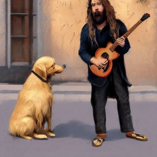 Image similar to oil painting of a young man with long hair blond and a beard hippie style with his golden retrever dog playing guitar in the square for money, people watching around, by greg rutkowski, artstation