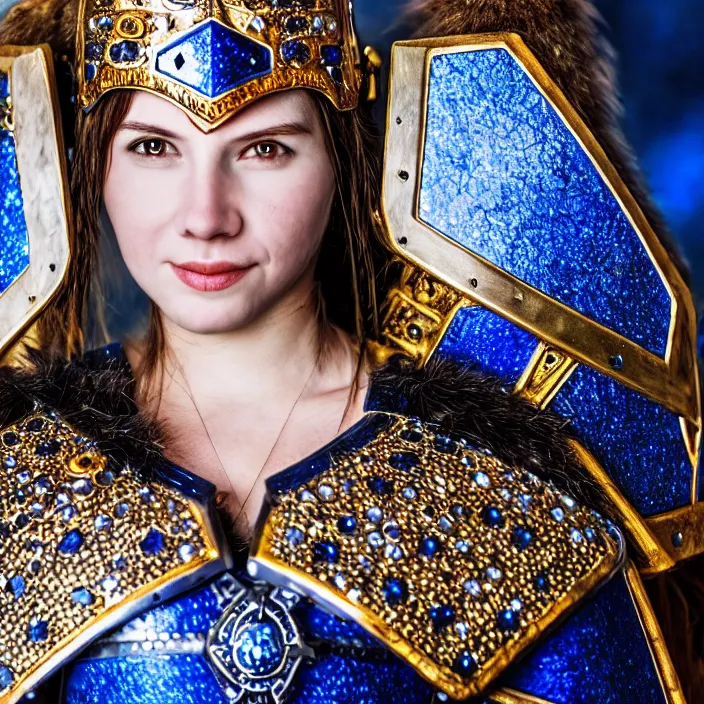 Image similar to photo of a cute warrior queen wearing sapphire encrusted armour, highly detailed, 4 k, hdr, smooth, sharp focus, high resolution, award - winning photo