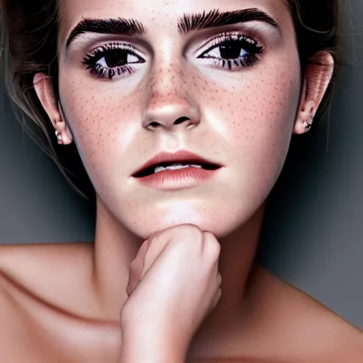 Image similar to full body textured film grain Heavy Contour makeup look eye shadow smokey eyes fashion model face emma watson by artgem