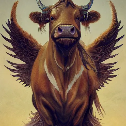 Image similar to a cow with wings, intricate, highly detailed, digital painting, artstation, concept art, smooth, sharp focus, illustration, unreal engine 5, 8 k, art by artgerm and greg rutkowski and alphonse mucha