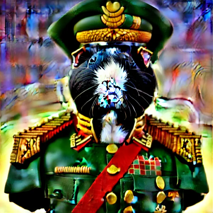 Prompt: guinea pig general wearing his uniform, looking proud as if he had won the battle. award winning, portrait bust, symmetry, faded colors, by larry elmore, masterpiece, trending on artstation, cinematic composition, beautiful lighting, hyper detailed!!!, 8 k, oil on canvas
