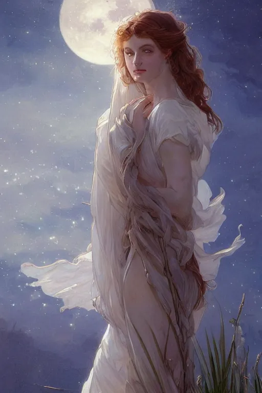 Image similar to Angels in white gauze dresses, the glow of the moonlight, fantasy, intricate, elegant, highly detailed, digital painting, artstation, concept art, matte, sharp focus, illustration, art by Artgerm and Greg Rutkowski and Alphonse Mucha