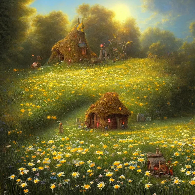 Prompt: a whimsical fairy house in a field of daisies by Justin Gerard, evening light