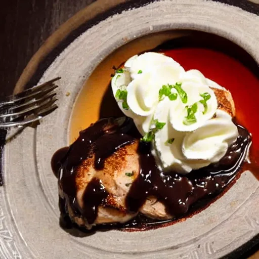 Image similar to photograph of Chicken Piccata from Cheesecake Factory made with chocolate sauce and whipped cream