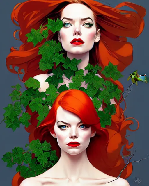 Image similar to joshua middleton, phil noto, norman rockwell, artgerm, rockabilly emma stone poison ivy dc comics, vines, symmetrical eyes, city rooftop