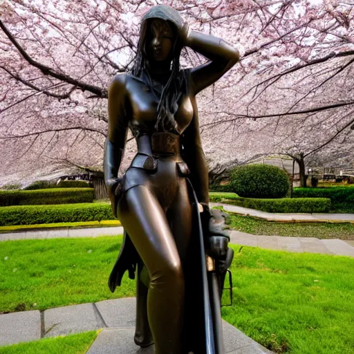 Image similar to bronze statue of a cyberpunk anime woman with an umbrella and a samurai sword kneeling next to a cherry blossom tree