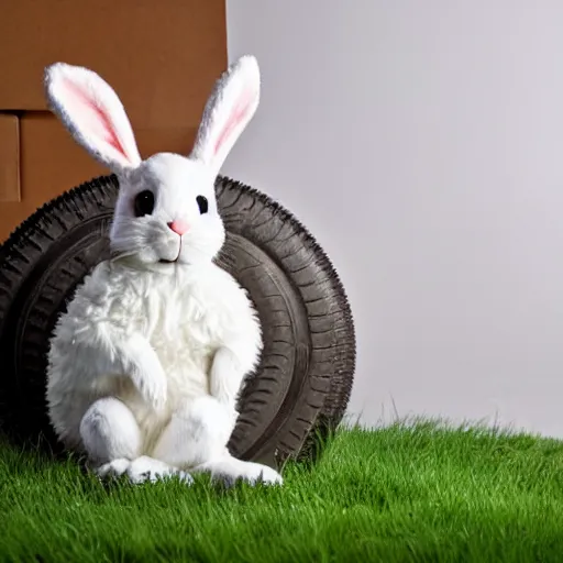 Image similar to a cute easter bunny sitting on a tire, studio photo, high quality