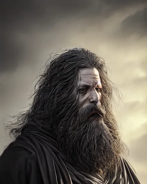 Image similar to portrait of a 6 0 - year - old giant man with long tangles of bushy black hair and beard hiding most of his face, kind eyes, wearing in black cloak, hyper realistic face, beautiful eyes, character art, art by mark brooks, hyperdetailed, cryengine, trending on artstation, digital art