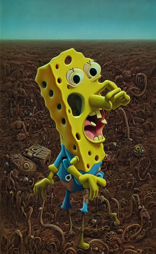 Image similar to spongebob squarepants in style of zdzisław beksinski, standing in wasteland, horror art, creepy, desolate, spongebob, spongebob, spongebob, spongebob