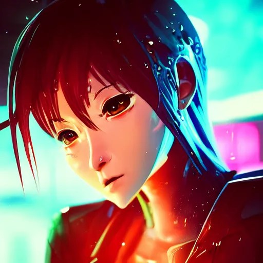 Prompt: anime woman portrait made out of rain, beautiful, stylish suit, cyberpunk background, neon, rendered in octane, unreal engine, matte painting, sharp focus, trending on artstation, futuristic, space