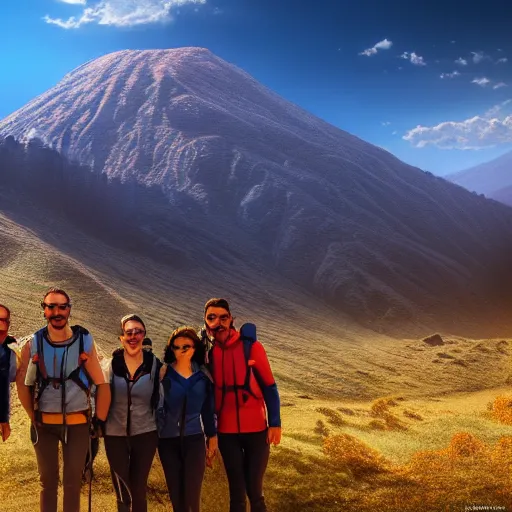 Image similar to of team in Armenia hiking at a weekend and posing with mountains on the background, the word Willow is in view like one in Hollywood, elegant, highly detailed, digital painting, volumetric light, artstation,, smooth, sharp focus, professional photos