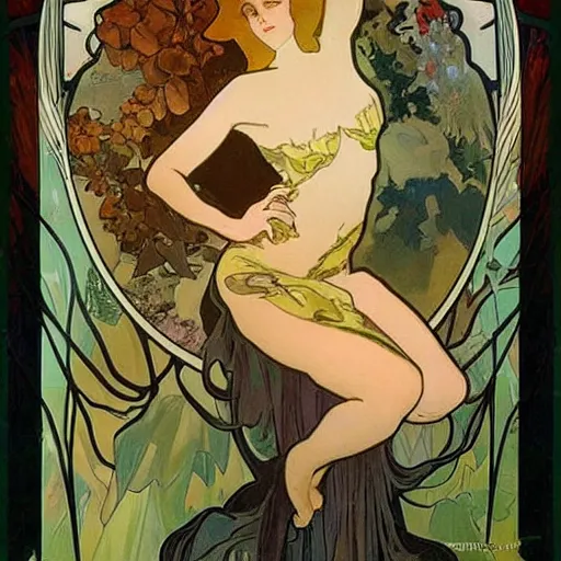 Prompt: esthetic beautiful woman models painted by Alfons Mucha, Art Deco, hot, forest on background, banner