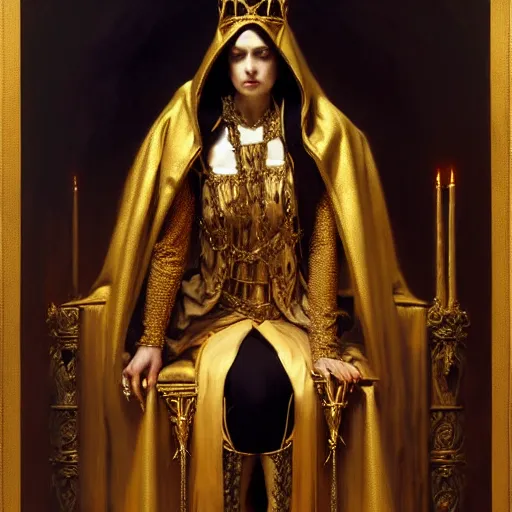 Prompt: full body portrait of hooded queen in gold gothic robes sitting on a throne of bones, elegant, highly detailed painting by gaston bussiere, craig mullins, j. c. leyendecker, 8 k, mid shot