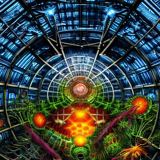 Prompt: a cinematic view of the inside of a fractal combustion engine, large indoor greenhouse with exotic plants, retrofuturism, scifi art, oil on canvas, biodome, stars in the sky above, details, hyper - detailed, hd, hdr, 4 k, 8 k