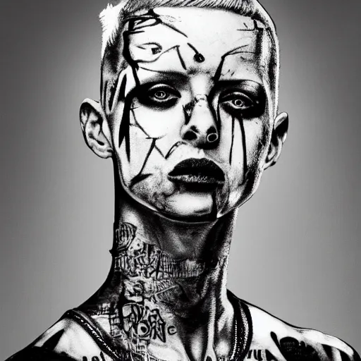 Prompt: die antwoord chappie portrait, back and white, zef design graffiti in the background, dark lighting, freaky, digital art