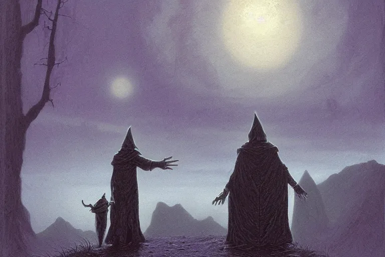 Prompt: a wizard cultist standing in the distance by tim white,