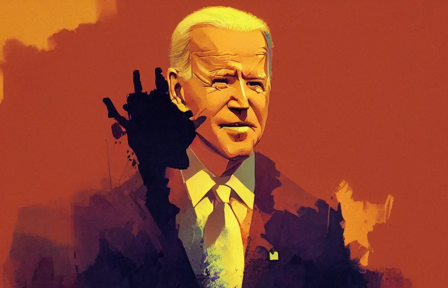 Prompt: Joe Biden casts a long shadow, by Greg Rutkowski and Dave McKean orange and purple color palette