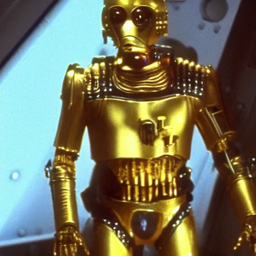 Image similar to A still of C3PO as Han Solo from Star Wars The Empire Strikes Back. Extremely detailed. Beautiful. 4K. Award winning.