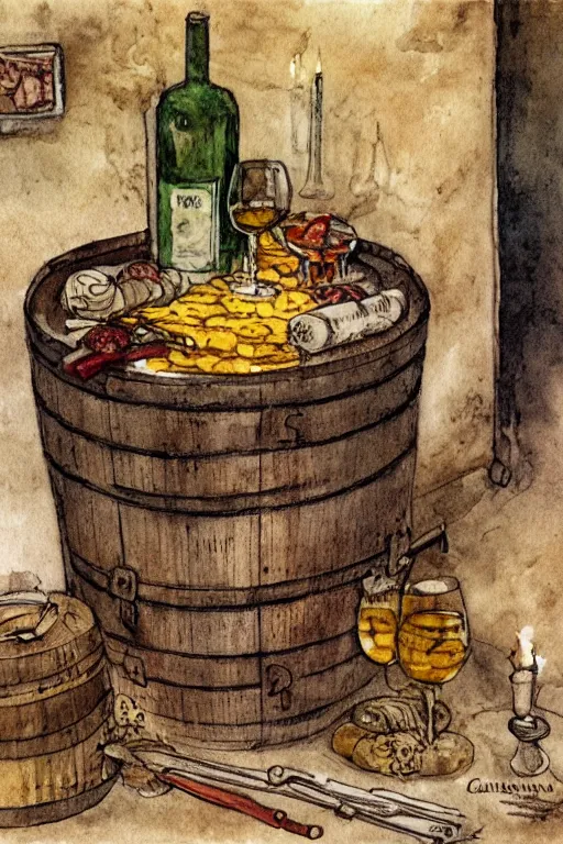 Prompt: pork, meat, schnapps, wine, cheese, candle on a barrel in a cellar, watercolor painting by anderz zorn and carl larsson