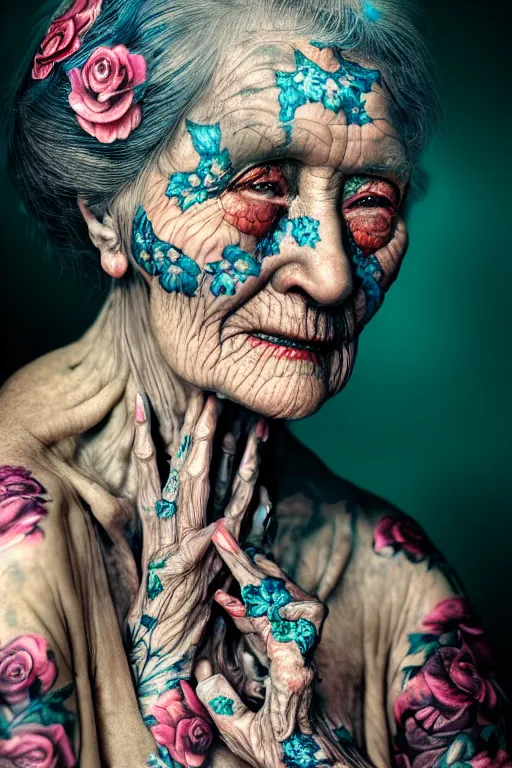 Prompt: hyperrealistic hyper detailed close-up side portrait of old woman covered in rococo flower tattoos matte painting concept art hannah yata very dramatic dark teal lighting low angle hd 8k sharp 35mm shallow depth of field