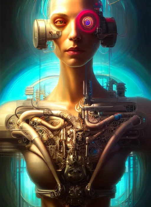 Image similar to closeup portrait of a cyborg in a scenic dystopian neon environment, intricate, elegant, highly detailed, centered, digital painting, artstation, concept art, smooth, sharp focus, illustration, artgerm, tomasz alen kopera, peter mohrbacher, donato giancola, joseph christian leyendecker, wlop,