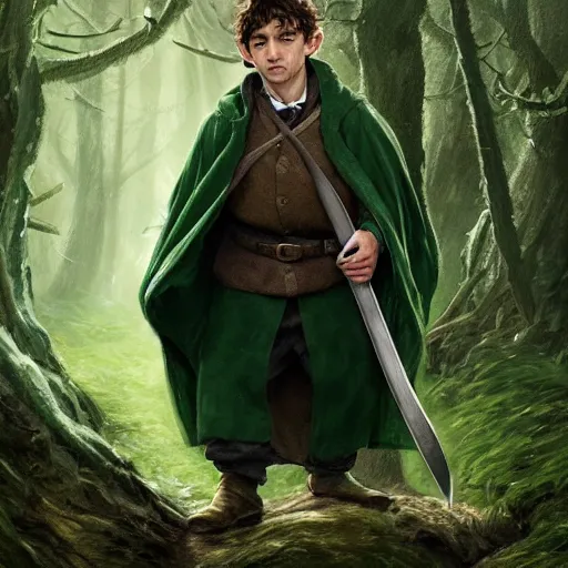 Prompt: a portrait of a handsome hobbit rogue wearing a dark green hood and a cloak in the forest, wearing adventure gear, holding a sword, ultra realistic, detailed, masterpiece, short hair cut, clean shaven, by Tony Sart and Randy Vargas and Greg Rutkowski, trending on ArtStation